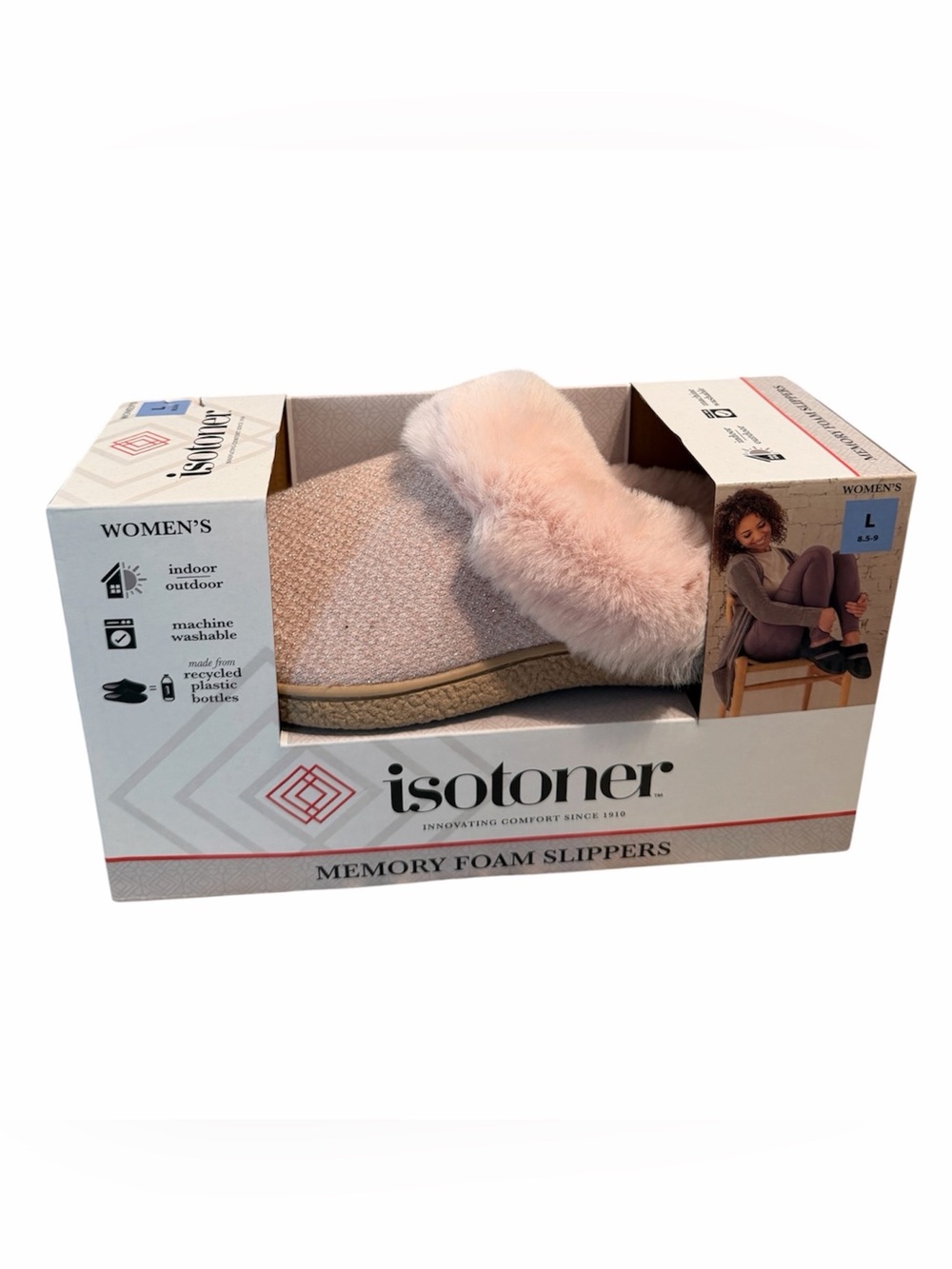 isotoner Women's Blush Pink Faux Fur Memory Foam Slippers